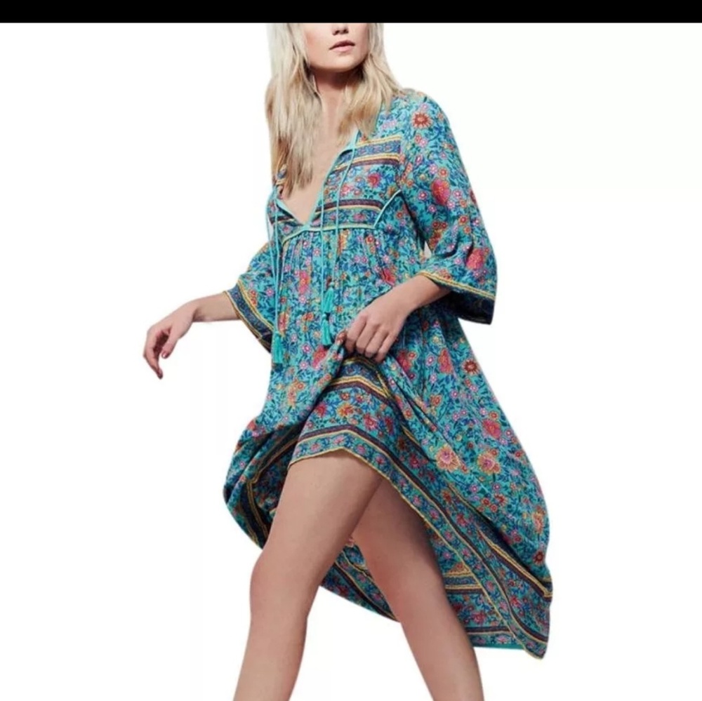 LAST 1 3X Boho blue gypsy rayon floral maxi dress - Picture 3 of 8